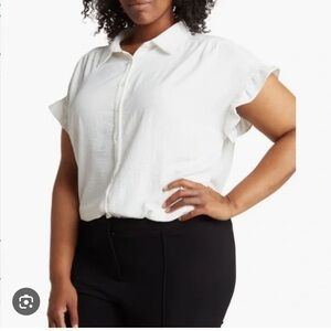 Pleione Crinkle Short Sleeve Ruffle Camp Shirt.